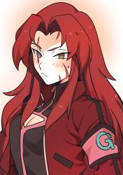 Rule 34 | 1girl, armband, black bodysuit, blush, bodysuit, cleavage cutout, closed mouth, clothing cutout, commentary request, facial scar, gebura (project moon), grey eyes, heterochromia, jacket, lobotomy corporation, long hair, long sleeves, medu (rubish), open clothes, open jacket, parted bangs, project moon, red armband, red hair, red jacket, scar, scar across eye, scar on cheek, scar on face, solo, sweat, upper body, yellow eyes