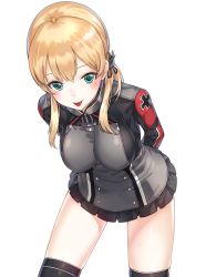 Rule 34 | 10s, 1girl, :p, anchor hair ornament, aqua eyes, black thighhighs, blonde hair, breasts, cross, hair ornament, hat, iron cross, kantai collection, kfr, large breasts, leaning forward, long hair, low twintails, microskirt, military, military hat, military uniform, no headwear, no headwear, prinz eugen (kancolle), revision, simple background, skirt, solo, thighhighs, tongue, tongue out, twintails, uniform, white background