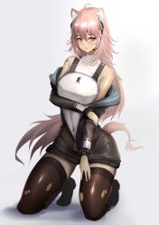 Rule 34 | 1girl, ahoge, arknights, brown eyes, gravel (arknights), highres, infection monitor (arknights), kingdom of kazimierz logo, long hair, looking at viewer, microphone, pink hair, poni (poni arknights), thighhighs, torn clothes, torn thighhighs, white background