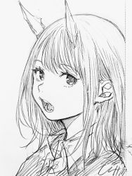 Rule 34 | 1girl, aoki ruri, collar, dotted line, dragon girl, dragon horns, fangs, graphite (medium), greyscale, highres, horns, lineart, looking at viewer, looking to the side, medium hair, monochrome, null hamamo, open mouth, portrait, ruri dragon, shirt, solo, traditional media