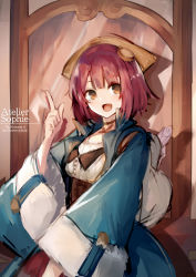 Rule 34 | 1girl, :d, atelier (series), atelier sophie, backpack, bag, blue coat, blush, brown eyes, brown hair, brown skirt, character name, coat, commentary request, english text, eyebrows hidden by hair, hand up, head scarf, highres, index finger raised, indoors, jazztaki, long sleeves, looking at viewer, open clothes, open coat, open mouth, shirt, skirt, smile, solo, sophie neuenmuller, standing, white shirt, wide sleeves