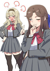 Rule 34 | 2girls, ;), puff of air, absurdres, annoyed, arm across waist, black hairband, black legwear, blonde hair, blue bow, blush, bow, bowtie, breast pocket, closed mouth, collared shirt, commentary, dia (yvirus68), fingernails, grey jacket, grey skirt, hair bow, hair ornament, hairband, half updo, hand on own hip, hand to own mouth, hand up, high-waist skirt, highres, index finger raised, jacket, long hair, long sleeves, looking at another, looking to the side, miniskirt, multiple girls, nose blush, one eye closed, open clothes, open jacket, open mouth, outstretched arm, parted bangs, pink eyes, pleated skirt, pocket, pointing, pointing at another, purple eyes, red bow, red bowtie, saijou claudine, school uniform, seishou music academy uniform, shirt, shirt tucked in, shoujo kageki revue starlight, sidelocks, sideways glance, simple background, skirt, smile, standing, sweatdrop, symbol-only commentary, tendou maya, thighhighs, v-shaped eyebrows, very long hair, white background, white shirt, x hair ornament, zettai ryouiki