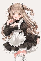 Rule 34 | 1girl, apron, arm up, black apron, black skirt, blonde hair, blush, breasts, cleavage, cowboy shot, dress, drill hair, eyes visible through hair, frilled thighhighs, frills, hair ribbon, high collar, highres, large breasts, leg ribbon, light blush, long hair, long sleeves, looking at viewer, looking to the side, open mouth, original, parted bangs, pleated dress, pleated skirt, ribbon, simple background, skirt, smile, solo, thighhighs, thighs, weri, white dress