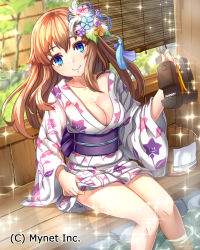 Rule 34 | 1girl, blue eyes, breasts, brown hair, cleavage, collarbone, day, falkyrie no monshou, feather hair ornament, feathers, floating hair, floral print, hair between eyes, hair ornament, head tilt, highres, japanese clothes, kimono, long hair, looking at viewer, medium breasts, obi, outdoors, pensuke, print kimono, sash, short kimono, sitting, smile, soaking feet, solo, white feathers, white kimono
