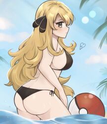 Rule 34 | 1girl, ass, ball, beachball, bikini, black bikini, blonde hair, blue sky, blush, breasts, butt crack, commentary, creatures (company), cynthia (pokemon), day, game freak, grey eyes, hair ornament, highres, large breasts, long hair, looking at viewer, nintendo, outdoors, poke ball, pokemon, pokemon dppt, purrlucii, sky, solo, swimsuit, thighs, very long hair, wading, water