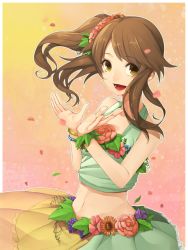 Rule 34 | 10s, 1girl, :d, bare shoulders, bracelet, brown eyes, brown hair, flower, hitoto, idolmaster, idolmaster cinderella girls, jewelry, long hair, looking at viewer, midriff, navel, open hands, open mouth, petals, side ponytail, skirt, smile, solo, takamori aiko