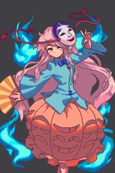 Rule 34 | 1girl, black background, blue bow, blue bowtie, blue shirt, bow, bowtie, bubble skirt, collared shirt, folding fan, hand fan, hata no kokoro, holding, holding fan, long hair, long sleeves, looking at viewer, mask, mask on head, noh mask, orange skirt, pink eyes, pink hair, pixel art, potemki11, shirt, simple background, skirt, solo, touhou