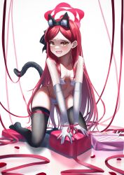Rule 34 | 1girl, absurdres, all fours, animal ears, bikini, black ribbon, black thighhighs, blue archive, bound, bound wrists, breasts, cat ears, cat tail, commentary, elbow gloves, fake animal ears, fake tail, forehead, full body, gloves, hair ribbon, halo, highres, long hair, looking at viewer, manjo (warito), micro bikini, no shoes, open mouth, pillow, red hair, red ribbon, ribbon, ribbon bondage, small breasts, smile, solo, sweat, swept bangs, swimsuit, tail, takane (blue archive), tearing up, thighhighs, very long hair, wavy mouth, white bikini, white gloves, yellow eyes