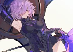 Rule 34 | 1girl, armor, armpits, bare shoulders, elbow gloves, fate/grand order, fate (series), gauntlets, gloves, hair over one eye, kibadori rue, light purple hair, mash kyrielight, purple eyes, shield, solo, thighhighs