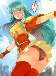 Rule 34 | !, 1girl, aqua eyes, aqua hair, armor, ass, blush, breastplate, clothes lift, eirika (fire emblem), embarrassed, fire emblem, fire emblem: the sacred stones, from behind, highres, long hair, miniskirt, nintendo, open mouth, panties, revolverwing, skirt, skirt lift, solo, surprised, sword, thick thighs, thighhighs, thighs, underwear, very long hair, weapon, wind, wind lift