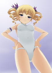Rule 34 | 00s, 1girl, arm garter, blonde hair, drill hair, from below, hands on own hips, haoto luna, koihime musou, leotard, lowres, one-piece swimsuit, solo, sousou (koihime musou), swimsuit, white one-piece swimsuit