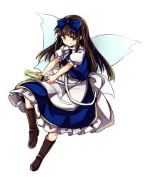 Rule 34 | absurdres, apron, baba (baba seimaijo), black hair, blue dress, boots, bow, brown eyes, dress, fairy wings, frills, full body, hair bow, highres, hime cut, long hair, short sleeves, solo, star sapphire, touhou, transparent background, water gun, wings