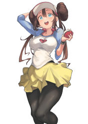 Rule 34 | 1girl, :d, absurdres, arm up, black pantyhose, blue eyes, bow, breasts, brown hair, creatures (company), double bun, doughnut hair bun, eyelashes, game freak, hair bun, hand up, highres, holding, holding poke ball, iparupua, large breasts, nintendo, open mouth, pantyhose, pantyhose under shorts, pink bow, poke ball, poke ball (basic), pokemon, pokemon bw2, raglan sleeves, rosa (pokemon), shorts, simple background, smile, solo, teeth, tongue, twintails, upper teeth only, visor cap, white background, yellow shorts