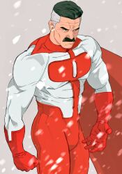 Rule 34 | 1boy, abs, bara, black hair, blue eyes, bodysuit, bonjourdraws, cape, clenched hand, facial hair, from side, gloves, grey background, highres, invincible (series), looking ahead, male focus, mature male, multicolored hair, muscular, muscular male, mustache, nolan grayson, omni-man, red bodysuit, red cape, red gloves, short hair, simple background, snow, solo, thick eyebrows, two-tone bodysuit, two-tone hair, uncensored, white hair, wrinkled skin