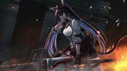 Rule 34 | 1girl, animal ears, arknights, black gloves, black hair, black shorts, blaze (arknights), blitzkrieg (index unknown), blue eyes, cat ears, cat tail, chainsaw, cowboy shot, fingerless gloves, fire, from side, gloves, grin, hair between eyes, hand up, high collar, highres, holding, holding weapon, jacket, long hair, messy hair, parted lips, shorts, sidelocks, smile, solo, standing, tail, thighs, weapon, white jacket, wrist cuffs, wristband