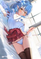 Rule 34 | 1girl, ahoge, bed, black thighhighs, blue hair, blush, breasts, flower, hair flower, hair ornament, heart, heart ahoge, highres, hololive, japanese clothes, large breasts, long hair, looking at viewer, lying, miko, on side, open mouth, panties, pointy ears, pom pom (clothes), pom pom hair ornament, shokorate, string panties, thighhighs, thighs, underwear, virtual youtuber, wide sleeves, window, yellow eyes, yukihana lamy
