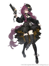 Rule 34 | 1girl, absurdres, ahoge, anklet, asymmetrical hair, belt, black dress, blue eyes, boots, braid, breasts, chain, clothes lift, dorothy (sinoalice), dress, dress lift, frilled dress, frills, full body, gun, handgun, hat, highres, holding, holding gun, holding weapon, jewelry, ji no, large breasts, long hair, looking at viewer, makeup, messy hair, official art, purple hair, sinoalice, solo, square enix, thigh boots, thighhighs, twin braids, very long hair, weapon, white background