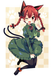 Rule 34 | 1girl, ;d, animal ears, black pantyhose, bow, braid, breasts, cat day, cat ears, cat girl, cat tail, dress, extra ears, fang, female focus, green dress, hair bow, highres, juliet sleeves, kaenbyou rin, large breasts, long sleeves, looking at viewer, maturiuta sorato, multiple tails, nekomata, one eye closed, open mouth, pantyhose, pointy ears, puffy sleeves, red eyes, red hair, smile, solo, tail, touhou, twin braids, two tails