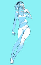 Rule 34 | 1girl, aqua background, aqua eyes, arm at side, arm support, bare arms, bare legs, bare shoulders, barefoot, black hairband, blue theme, breasts, camisole, cleavage, closed mouth, collarbone, commentary request, hand fan, fanning face, full body, gatorix, groin, hair over one eye, hairband, hand up, holding, holding fan, looking away, medium breasts, mole, mole under mouth, monochrome, navel, nier (series), nier:automata, no blindfold, nose, panties, paper fan, pink lips, shirt, short hair, simple background, sitting, sleeveless, solo, spaghetti strap, stomach, sweat, thigh gap, toes, underwear, underwear only, white panties, white shirt, 2b (nier:automata)