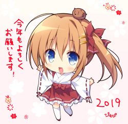 Rule 34 | 1girl, 2019, :d, animal, animal on head, blue eyes, blush, boar, bow, chibi, chinese zodiac, commentary request, frilled skirt, frills, hair between eyes, hair bow, hair ornament, hairclip, japanese clothes, kimono, light brown hair, long sleeves, looking at viewer, miko, on head, open mouth, original, outstretched arms, pimopi, red bow, red footwear, red skirt, ribbon-trimmed sleeves, ribbon trim, short kimono, side ponytail, sidelocks, skirt, sleeves past wrists, smile, solo, spread arms, standing, standing on one leg, thighhighs, translation request, white kimono, white thighhighs, wide sleeves, year of the pig