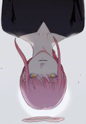 Rule 34 | 1girl, black shirt, chainsaw man, collarbone, highres, makima (chainsaw man), pink hair, ringed eyes, roru (lol dessin), shirt, solo, upper body, upside-down, v-neck, yellow eyes