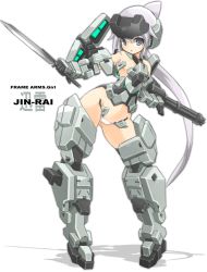 Rule 34 | 10s, 1girl, :o, alternate color, alternate eye color, alternate hair color, c-string, dual wielding, frame arms girl, full body, grey eyes, headgear, highres, holding, holding sword, holding weapon, jinrai (frame arms girl), karukan (monjya), long hair, mecha musume, navel, open mouth, outline, ponytail, silver hair, simple background, solo, standing, strapless bottom, sword, weapon
