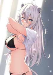 Rule 34 | 1girl, ahoge, animal ears, bikini, bikini under clothes, blush, breasts, clothes lift, cocoablue23, crossed arms, ear piercing, from side, grey eyes, grey hair, hair between eyes, highres, hololive, large breasts, lifting own clothes, lion ears, lion girl, lion tail, long hair, looking at viewer, looking to the side, piercing, revision, shirt, shirt lift, shishiro botan, side-tie bikini bottom, sideboob, solo, swimsuit, tail, underboob, virtual youtuber, white hair, white shirt