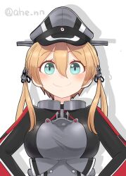 Rule 34 | 1girl, ahenn, aqua eyes, blonde hair, blush, breasts, closed mouth, grey hat, hair between eyes, hat, kantai collection, large breasts, long hair, long sleeves, looking at viewer, low twintails, military uniform, peaked cap, prinz eugen (kancolle), simple background, smile, solo, straight-on, twintails, twitter username, uniform, upper body, white background