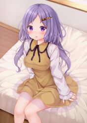 Rule 34 | 1girl, bed, blush, breasts, dress, feet out of frame, floor, hair ornament, hairclip, indoors, long hair, long sleeves, medium breasts, open mouth, purple eyes, purple hair, sitting, solo, suigetsu (watermoon-910), touhou, tsukumo benben, yellow dress