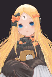Rule 34 | 1girl, abigail williams (fate), absurdres, blonde hair, bow, fate/grand order, fate (series), hair bow, highres, keyhole, long hair, open mouth, parted bangs, purple background, simple background, sleeves past wrists, solo, stuffed animal, stuffed toy, teddy bear, zhouqinguaishou