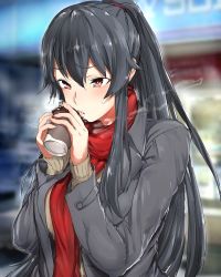 Rule 34 | 10s, :o, black coat, black hair, blurry, blurry background, blush, building, coat, coffee cup, cup, disposable cup, eyebrows, hair between eyes, hair bobbles, hair ornament, holding, holding cup, kantai collection, long sleeves, open clothes, open coat, outdoors, parted lips, ponytail, red eyes, red scarf, scarf, shop, sleeves past wrists, solo, steam, sweatdrop, sweater, teeth, tsurime, upper body, yahagi (kancolle), yakitomato