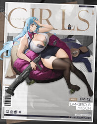Rule 34 | 1girl, animal ear request, barcode, bean bag chair, belt, belt buckle, between breasts, black pantyhose, blue hair, blue jacket, blue necktie, blue skirt, breasts, brown eyes, buckle, bullpup, character name, clothes pull, commentary, copyright name, dinergate (girls&#039; frontline), double-barreled shotgun, dp-12 (dangerous mission) (girls&#039; frontline), dp-12 (girls&#039; frontline), english commentary, feet, full body, girls&#039; frontline, glasses, gun, hand on own head, highres, holding, holding gun, holding weapon, huge breasts, jacket, lanyard, long hair, long sleeves, loose necktie, lying, multiple-barrel firearm, necktie, no shoes, office lady, official alternate costume, official art, on back, pandea work, pantyhose, pantyhose pull, paperclip, parted lips, partially unzipped, pencil skirt, promotional art, pump-action shotgun, pump action, rectangular eyewear, sangvis ferri, second-party source, semi-rimless eyewear, shirt, shotgun, shrug (clothing), side-by-side-barreled shotgun, skirt, sleeveless, sleeveless shirt, smoke grenade, solo, standard manufacturing dp-12, toes, under-rim eyewear, unworn jacket, very long hair, watch, weapon, white shirt, wristwatch, zzz