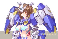Rule 34 | 00s, 1girl, breasts, brown eyes, brown hair, exia, exia avalanche, gundam, gundam 00, gundam 00v, gundam exia, hair ornament, large breasts, mecha musume, mori chu, navel, short twintails, simple background, solo, twintails