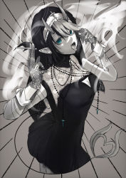 Rule 34 | 1girl, nanashi inc., alternate costume, beads, blue eyes, breasts, cigarette, cleavage, commentary, cropped torso, cross, demon girl, demon horns, demon tail, dress, ear piercing, gloves, greyscale, habit, highres, horns, lace, lace gloves, long hair, looking at viewer, medium breasts, monochrome, multicolored hair, nun, open mouth, piercing, pink zousan, pointy ears, prayer beads, ryugasaki rene, short hair, sleeveless, sleeveless dress, smoke, smoking, solo, spot color, sugar lyric, tail, tongue, tongue out, tongue piercing, two-tone hair, upper body, virtual youtuber
