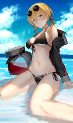 Rule 34 | 1girl, bad id, bad pixiv id, ball, bare shoulders, beachball, bikini, black bikini, blonde hair, blue sky, blush, braid, breasts, cleavage, closed mouth, collarbone, commentary request, day, eyewear on head, green eyes, hair between eyes, hair ribbon, hat, unworn hat, unworn headwear, highres, holding, jacket, kantai collection, long hair, looking at viewer, navel, off shoulder, open clothes, open jacket, outdoors, pallad, prinz eugen (kancolle), ribbon, side-tie bikini bottom, sidelocks, sitting, sky, solo, stomach, sunglasses, swimsuit, water