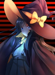 Rule 34 | 1girl, adapted costume, arm warmers, asashio (kancolle), black hair, blue eyes, brooch, cape, comah, hair between eyes, halloween, hat, hat ribbon, highres, jewelry, kantai collection, long hair, neck ribbon, night, orange ribbon, pleated skirt, ribbon, school uniform, searchlight, shirt, short sleeves, skirt, solo, striped, striped background, suspender skirt, suspenders, white shirt, witch, witch hat, yellow ribbon
