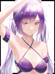Rule 34 | 1girl, absurdres, arm up, armband, armpits, bare shoulders, bikini, black border, border, commentary, criss-cross halter, genshin impact, halterneck, highres, keqing (genshin impact), long hair, looking at viewer, mizu (sui), outside border, purple bikini, purple eyes, purple hair, simple background, solo, swimsuit, twintails, upper body, white background