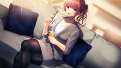 Rule 34 | 1girl, black eyes, blurry, blurry background, blush, breasts, brown hair, cellphone, couch, crossed legs, dutch angle, female focus, formal, grey skirt, grey suit, hands up, happy, high ponytail, highres, holding, holding phone, indoors, kanojo ga motokare to saru mitai ni yarimakutte ita hanashi., large breasts, legs, light blush, looking at viewer, minamihama yoriko, open mouth, original, pantyhose, phone, pillow, ponytail, short ponytail, sitting, skirt, sleeves rolled up, smile, solo, suit, thighs