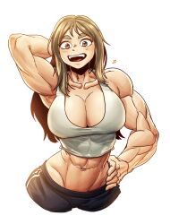 Rule 34 | 1girl, abs, arm behind head, blonde hair, breasts, brown eyes, cleavage, highres, large breasts, long hair, muscular, muscular female, open mouth, original, pants, simple background, smile, solo, sparkeyjinjin, tank top, track pants, white background
