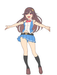 Rule 34 | 1girl, :d, bare arms, bare shoulders, black socks, blouse, blue shirt, blue skirt, bow, bowtie, brown footwear, brown hair, enkyo yuuichirou, full body, hair between eyes, hair flaps, hair ornament, hololive, kneehighs, loafers, long hair, miniskirt, navel, open mouth, outstretched arms, pleated skirt, red bow, red bowtie, red eyes, shirt, shoes, simple background, skirt, sleeveless, sleeveless shirt, smile, socks, solo, spread arms, standing, teeth, tokino sora, tokino sora (old design), upper teeth only, very long hair, virtual youtuber, white background, white shirt
