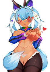 Rule 34 | 1girl, absurdres, andou inari, animal ear fluff, animal ears, bare shoulders, blue hair, breasts, choumi wuti (xueye fanmang zhong), covering privates, covering breasts, cowboy shot, dark-skinned female, dark skin, fake animal ears, fox ears, fox girl, fox tail, hair ornament, hairclip, heart, heart-shaped boob challenge, heart-shaped pupils, highres, large breasts, leotard, mecha musume, meme attire, milk, nijisanji, playboy bunny, rabbit ears, red eyes, reverse bunnysuit, reverse outfit, robot ears, short hair, solo, symbol-shaped pupils, tail, virtual youtuber, virtuareal