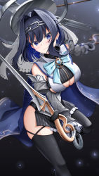 Rule 34 | 1girl, amulet, black hair, black thighhighs, blue cape, blue eyes, blue hair, bow, bowtie, breasts, cape, chain, chain headband, cleavage cutout, clock hands, closed mouth, clothing cutout, colored inner hair, detached sleeves, dual wielding, floating hair, gloves, hair intakes, halo, head chain, highres, holding, holding sword, holding weapon, hololive, hololive english, jewelry, lancheu, large breasts, mechanical halo, miniskirt, multicolored hair, ouro kronii, ouro kronii (1st costume), short hair, skirt, solo, standing, standing on one leg, sword, thighhighs, two-tone hair, veil, virtual youtuber, weapon