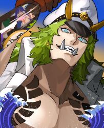 Rule 34 | 1boy, blue eyes, bottle, chest tattoo, commentary request, earrings, gloves, green hair, hat, high collar, holding, holding bottle, hoop earrings, horns, jewelry, male focus, medium hair, military hat, one piece, open clothes, open mouth, red gloves, rokurokuutako, sasaki (one piece), sharp teeth, solo, tattoo, teeth, tusks