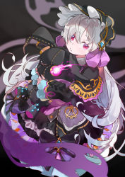 Rule 34 | 1girl, aura, big head, black bow, black dress, blurry, blurry background, blush, bow, closed mouth, dress, fingernails, frills, glowing, glowing eye, grey hair, hair between eyes, highres, holding, holding stuffed toy, king&#039;s raid, light blush, long hair, mik3d, multicolored bow, one eye closed, purple bow, red eyes, solo, stitched eye, stitches, striped, striped bow, stuffed animal, stuffed toy
