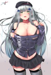 Rule 34 | 1girl, :d, absurdres, bad id, bad pixiv id, beret, black bra, blunt bangs, blush, bra, breasts, cleavage, facial mark, girls&#039; frontline, green eyes, grey hair, grey thighhighs, groin, hair ornament, hat, highres, hk416 (girls&#039; frontline), jacket, large breasts, long hair, looking at viewer, miniskirt, open mouth, plaid, plaid skirt, sidelocks, signature, simple background, skindentation, skirt, smile, solo, strap slip, sweat, teardrop, thighhighs, underwear, very long hair, white background, zengi