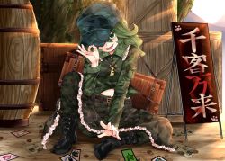 Rule 34 | 1girl, barrel, boots, box, camouflage, camouflage headwear, camouflage pants, camouflage shirt, camouflage skirt, card, cross-laced footwear, green eyes, green hair, key, lace-up boots, long hair, midriff peek, ok sign, pants, shirt, sign, sitting, skirt, solo, touhou, unconnected marketeers, yamashiro takane, zetsumame
