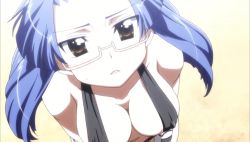 Rule 34 | 1girl, animated, animated gif, aresta blanket, blue hair, breasts, brown eyes, cleavage, covered erect nipples, fight ippatsu! juuden-chan!!, glasses, large breasts, long hair, navel, slingshot swimsuit, solo, swimsuit