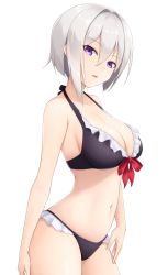 Rule 34 | 1girl, azuchi (oshiro project), bikini, black bikini, breasts, cleavage, cowboy shot, from side, large breasts, looking at viewer, midoriyama soma, navel, oshiro project:re, oshiro project:re, purple eyes, short hair, silver hair, simple background, solo, swimsuit, white background