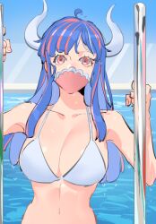 Rule 34 | 1girl, ahoge, alternate costume, bikini, blue hair, blue sky, breasts, cleavage, covered mouth, curled horns, day, dinosaur girl, horns, large breasts, long hair, mask, mouth mask, multicolored hair, one piece, outdoors, pink eyes, pink hair, pink mask, pool, raine (acke2445), sky, solo, streaked hair, swimsuit, ulti (one piece), water, wet, white bikini