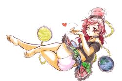 Rule 34 | 1girl, ass, bare legs, bare shoulders, barefoot, blowing kiss, blush, breasts, chain, choker, commentary request, earth (ornament), feet, gold chain, heart, hecatia lapislazuli, highres, long hair, looking at viewer, looking back, medium breasts, moon (ornament), nunnun (shunka shuutou), one eye closed, open mouth, panties, pantyshot, red eyes, red hair, simple background, skirt, soles, solo, touhou, underwear, upskirt, wavy hair, white background
